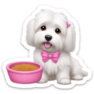 Long haired Coton de Tulear dog with pink harness and pink hair bow, pink dog bowl with kibbles, pink dog bed, her name is Zoey sticker