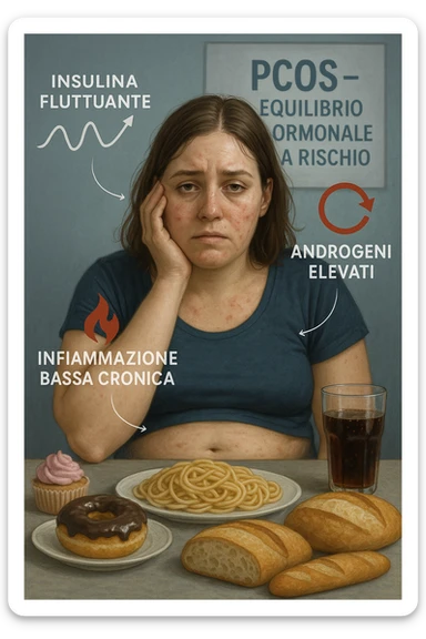 Donna tra i 25 e i 35 anni, seduta a tavola con un’espressione stanca e gonfia. Sul tavolo ci sono alimenti sbagliati per la sua condizione: dolci raffinati, pane bianco, pasta, bibite zuccherate. Intorno al suo corpo si vedono elementi simbolici che rappresentano gli effetti della PCOS peggiorata: insulina fluttuante, androgeni elevati, infiammazione bassa cronica. La sua pelle appare acneica, gonfiore addominale visibile, sguardo affaticato. Sullo sfondo, un cartello sfocato con scritto 'PCOS – equilibrio ormonale a rischio'. Stile realistico con elementi simbolici, toni freddi ma chiari in italiano sticker