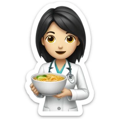 female doctor with dark hair eating ramen bowl sticker