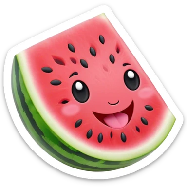 Cute Kawaii Watermelon Slice, juicy and vibrant, soft pastel green rind with pink flesh, tiny black seeds shaped like hearts, an adorable happy face with cute round eyes, bursting with summer energy! sticker