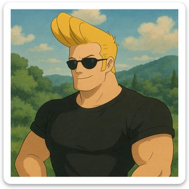 Johnny Bravo cartoon character, muscular man with yellowish blonde hair, wearing sunglasses and a black t-shirt, in Ghibli art style sticker