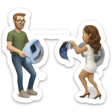 a white man in his 30s doing laundry in front of a washing machine
a woman sticker