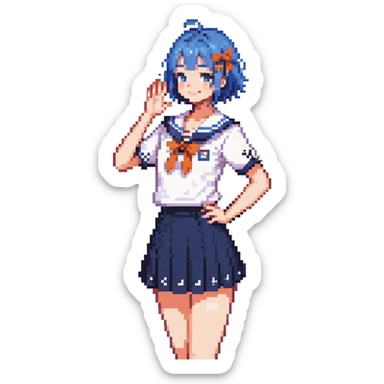 Pixel art anime girl with short bright blue hair wearing Japanese sailor style school uniform, composed posture with hand on hip but shyly waving with other hand, blushing face and timid smile, very shy expression sticker