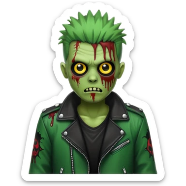 Hombre zombie de piel verde con chaqueta de cuero punk, pelo negro sticker