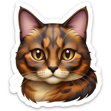 Cinematic Noble Tortoiseshell Cat Portrait Emoji, Poised and dignified, showcasing a luxurious, mottled fur of rich browns and blacks, with elegantly arched whiskers and a determined yet gentle expression, simplified yet meticulously detailed, glowing with a subtle, regal radiance, high shine, embodying quiet nobility and refined charm, soft glowing outline, capturing the essence of a sophisticated tortoiseshell cat exuding quiet authority! sticker