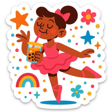 a whimsical ballerina enjoying boba, lighthearted, vibrant toon style, joyful and colorful sticker
