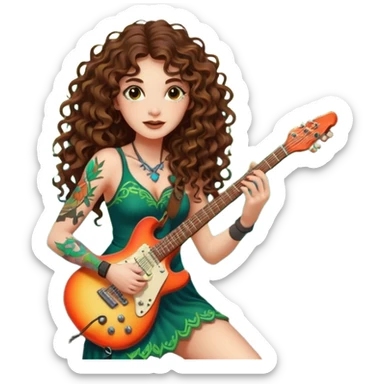 woman with long curly brown hair, brown eyes, white skin, tattoos, playing a root-shaped electric guitar that grows leaves from the strings, psychedelic glow, forest stage aura sticker