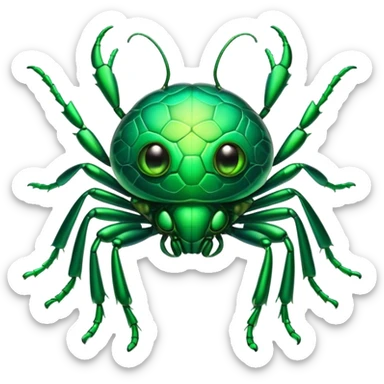 Cinematic Cute Green Bugdie Portrait Emoji, Head tilted playfully and inquisitively, featuring a glossy, vibrant emerald exoskeleton with intricate patterns, round, sparkling multifaceted eyes filled with curiosity, Simplified yet irresistibly adorable features, highly detailed, glowing with a warm, friendly glow, high shine, affectionate and lively, stylized with a touch of whimsy, bright and endearing, soft glowing outline, capturing the essence of a mischievous yet charming bug, so playful it feels like it could buzz out of the screen and into your arms! sticker