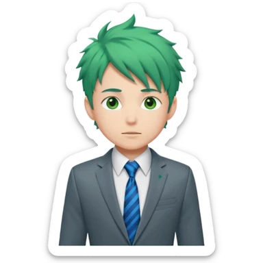 deku : boy anmie green hair green eyes in a ua gray jacket and blue tie suit with frenkles sticker