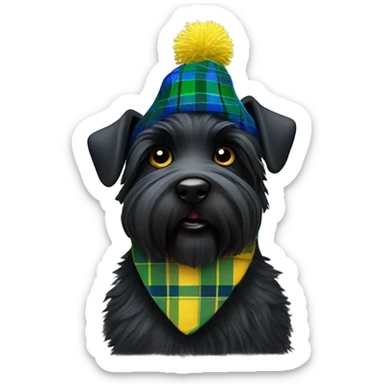 Black Scottie dog wearing a blue and green tartan tam hat with a yellow Pom-pom on top  sticker
