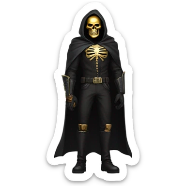 Bounty Hunter Boss with black cape and a gold skull jaw mask from death Stranding, full body view sticker