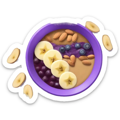 Purple acai bowl layered with peanut butter, banana, almonds sticker