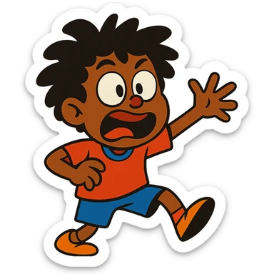 black boy with wild, messy curly hair, comical and expressive, vibrant colors sticker