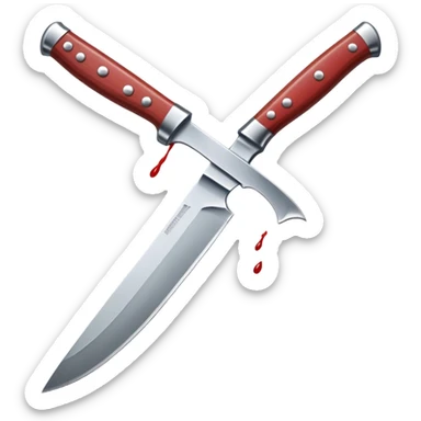 The knife in the image has a sharp, slightly curved blade with a fuller running along its length. The handle is rectangular with a rounded end, featuring a guard for hand protection.
Adding small drops of blood dripping from the tip would enhance the sense of danger and intensity.  sticker