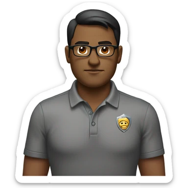 A man with short dark hair, wearing glasses and a gray polo shirt with a badge on it, standing in front of a glass background. He has a serious expression and his arms are crossed. sticker