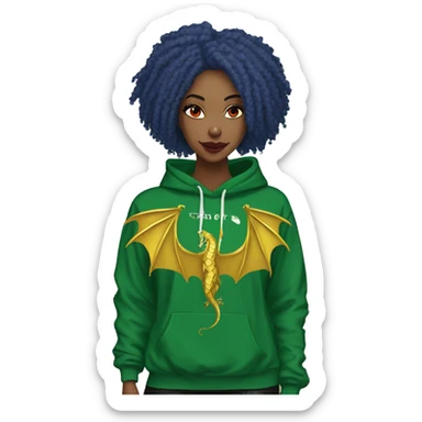 420 Lady with brunette and blue hair, hemp, gold, green dragon wings, maroon hoodie, 420, black and gold Nike t shirt, and bright red eyes sticker