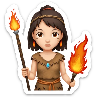 ancient girl, tattered animal skin cloth, hold fire stick sticker