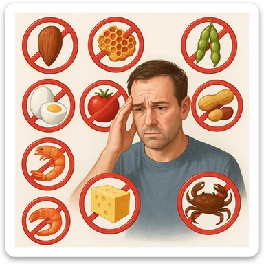A 40-year-old man suffering from food intolerances, inspired by the reference image, with a worried expression, forbidden food symbols floating around him. Realistic or illustrative style with a light background. sticker