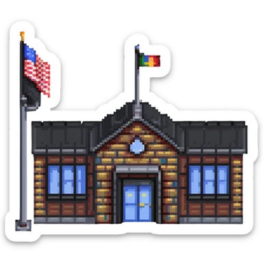 school building with classroom windows, entrance door, and flag pole sticker