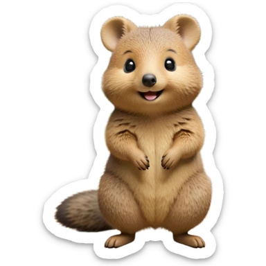cinematic-quokka-realistic-full-body-standing on its hind legs hunched over-emoji,-small-round-frame-balanced-on-tiny-strong-hind-legs,giant fluffy cheeks large smile-fluffy-brown-fur-radiating-a-warm-softness skinny tail, ,-big-round-eyes-filled-with-joy-and-innocence,-tiny-clawed-paws-held-close-to-chest,-cheerful-smile-exuding-endearing-happiness,-simplified-yet-realistic-focused-features,-highly-detailed,-glowing-with-a-sunny-warmth, expressive eyes  sticker