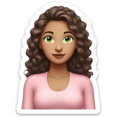 Dark brown long curly hair and green eyes yoga beautiful young woman in light pink pink pink clothes sitting on a yoga mat sticker