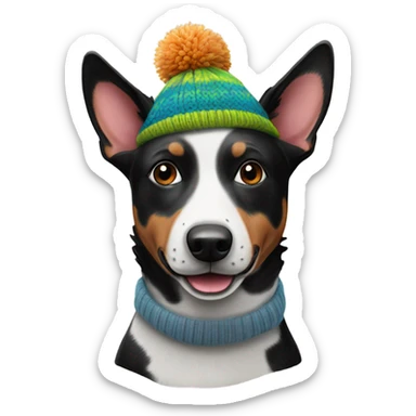 Black & white Australian cattle Dog wearing a knit hat sticker