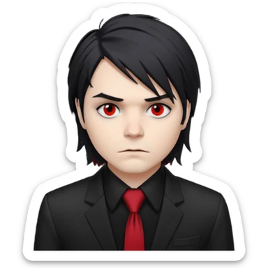 Gerard Way (Revenge Era)
Round, simplified emoji style
Pale skin tone
Jet-black, shoulder-length hair messy and emo
Heavy eyeliner and slight red shadow under the eyes
Subtle serious
Hint of red tie visible on black button up shirt.
Transparent background. Black eyeliner. Messy emo hair sticker
