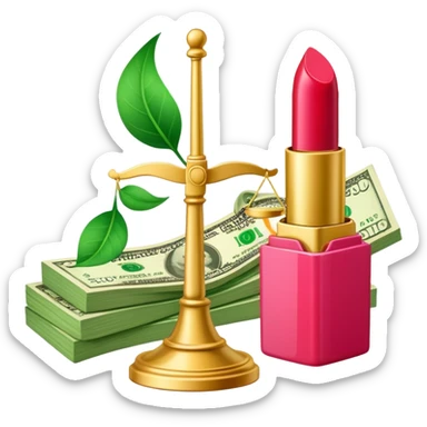 gold scale with green dollar bills on left side and lipstick and nail polish on right side sticker
