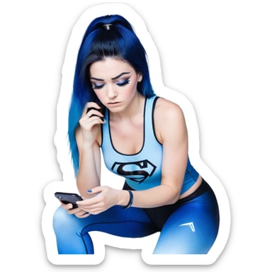 Disapponted-big tears-head back texting on phone-very very large upper body-sexy face-bending forward at waist-very long very straight dark blue to light blue ombre hair-and-blue eyes-thick black eyeliner-long eyelashes-iridescent blue lowcut tanktop with black leggings with glitter superman logo sticker