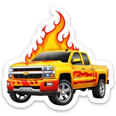 Bright yellow Chevrolet Silverado with professionally airbrushed red flame artwork with orange highlights, custom paint job like in Kill Bill, 30-degree angle showing detailed flames, iOS emoji style sticker