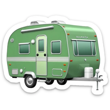 Shasta travel trailer, colored all green, the same green shade as movie trailer green preview card, light grey tires and grey hitch sticker