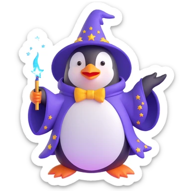 soft rounded 3D style penguin wizard casting a spell, sparkles, starry robe sticker
