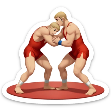 An icon showcasing two wrestlers engaged in a Greco-Roman wrestling match. The athletes are locked in a strong clinch, using their upper bodies to dominate. The background features a wrestling mat and traditional Greco-Roman elements. Transparent background. sticker