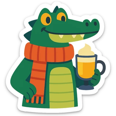 cozy winter vibe crocodile wearing a scarf holding a Bombardino cocktail sticker