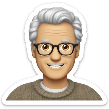 man in his late 60s with salt and pepper hair, pale skin, glasses, brown eyes, smiling wearing a sweater, collared shirt,  jeans sticker