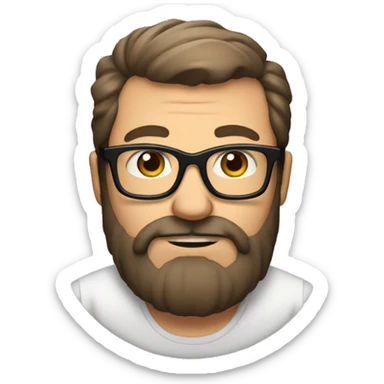 Heavy white dad, with a big brown beard and black rectangle glasses and brown hair sticker