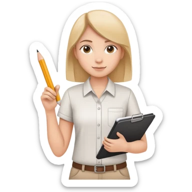intern or volunteer holding a clipboard and pencil, ready to take notes or assist. The character wears a simple shirt and has an eager posture sticker