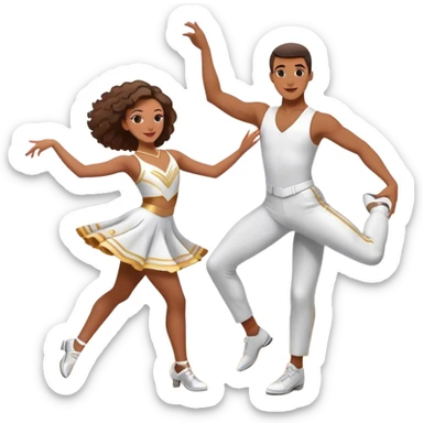 Icon for Sports Dance: a couple performing an energetic and synchronized dance, dressed in competitive dance attire, dance shoes, a rhythmically placed dance floor, and a competition backdrop. The icon should capture the athleticism, technique, and precision of sports dance. Transparent background. sticker