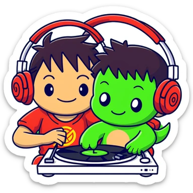 Green Luffy and green Alastor listening to music together sticker