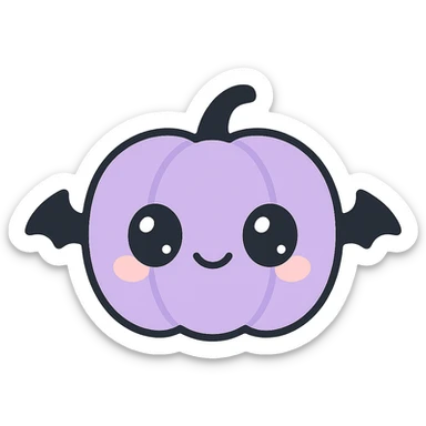 kawaii style gothic pumpkin, smiling face, black and purple, big eyes, tiny bat wings, fun and cute sticker