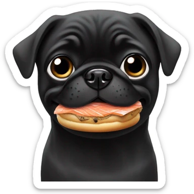 Black pug eating a bagel with salmon  sticker