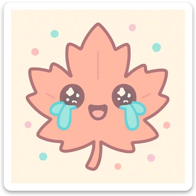laughing maple leaf with tears coming out of eyes, kawaii style sticker