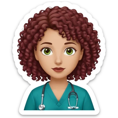 white girl with brown curly 2c/3a hair, fractals,greenish blueish eyes,  who is a nurse with burgundy scrubs on sticker