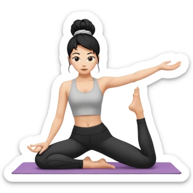 white girl with black long hair in a messy bun doing difficult yoga sticker