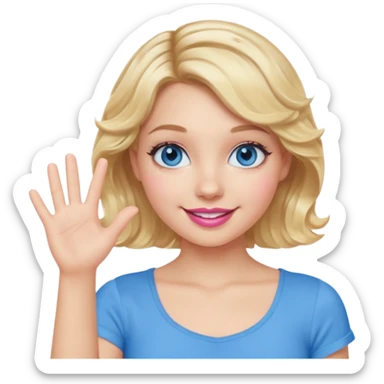 Girl Blonde short wavy hair,  blue eyes, cute blue top, long lashes, pink lips, smiling, one hand palm up sticker