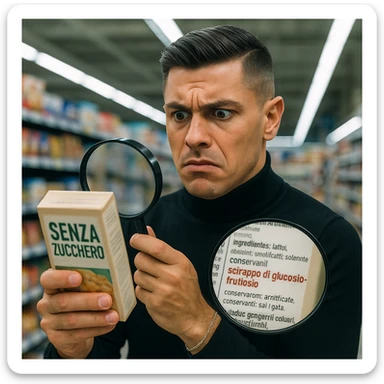 Man in supermarket, holding a product labeled 'SENZA ZUCCHERO', ingredient list with 'sciroppo di glucosio-fruttosio' in bold red, confused face, floating magnifying glass, hyper-realistic, harsh fluorescent lighting. Variant 7. sticker