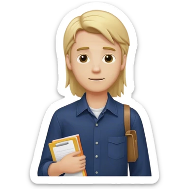Guy with long straight blonde hair behind head and navy button up holding a school packet sticker