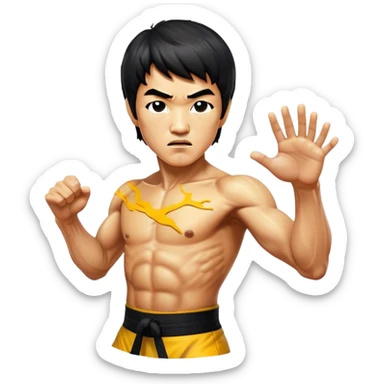 Cinematic Realistic Bruce Lee Portrait Emoji, depicted as a dynamic martial arts icon with an intense gaze and athletic physique caught in a fluid motion, rendered with vivid textures and energetic lighting that embodies his legendary prowess. sticker