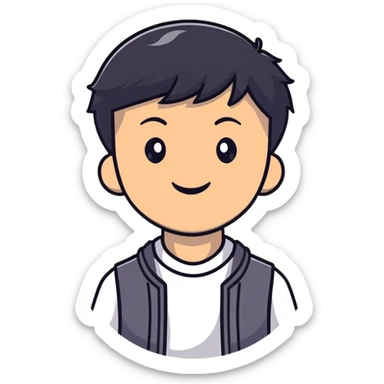 Asian man with short black hair, friendly smile, Josh Lim character sticker