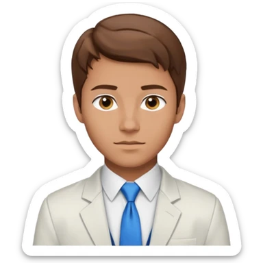 un homme type caucasien brun plutot jeune avec des jolies traits avec une chemise blanche et une veste a manche longues et cravate bleu il a les yeux marron sticker